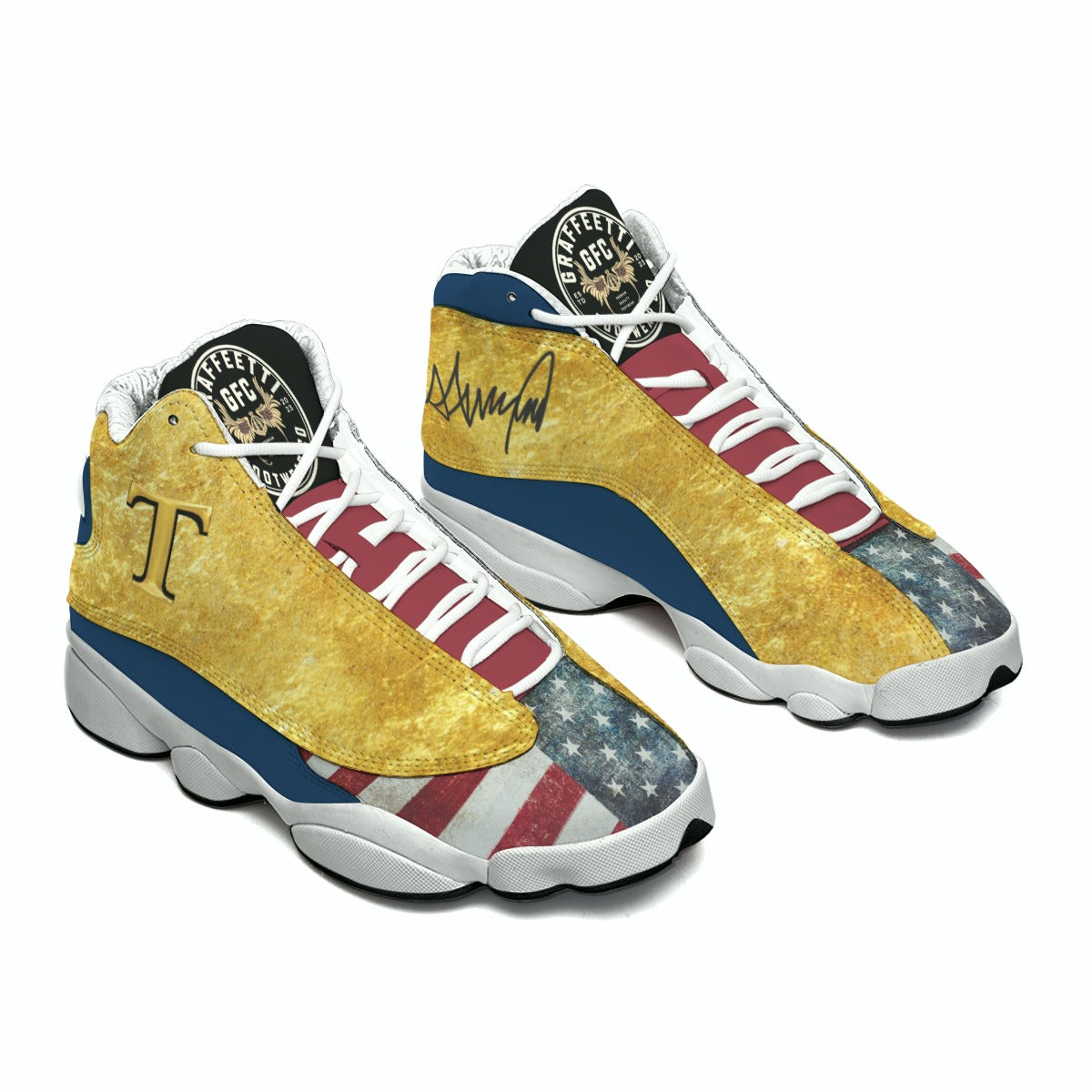 Unisex Curved Basketball Shoes With Catspaw Soles, TJ13 Donald j Trump Limited Edition Kicks, Made by Graffeetti Footwear Co.