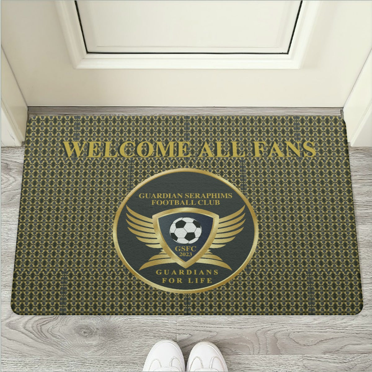 Door Mat | Rubber "Welcome All Fans" for Guardian Seraphims by Graffeetti Footwear Co. in Black and Gold