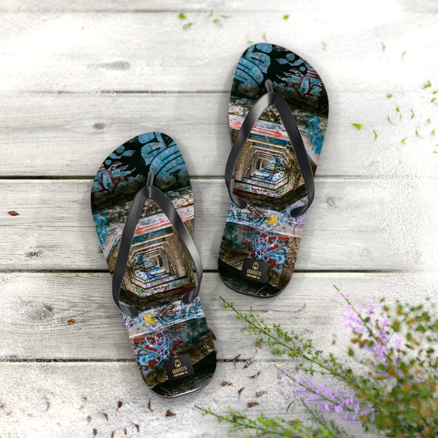 Flip Flops, with Printed Cloth Platform, by Graffeetti Footwear Co., Unisex Thongs